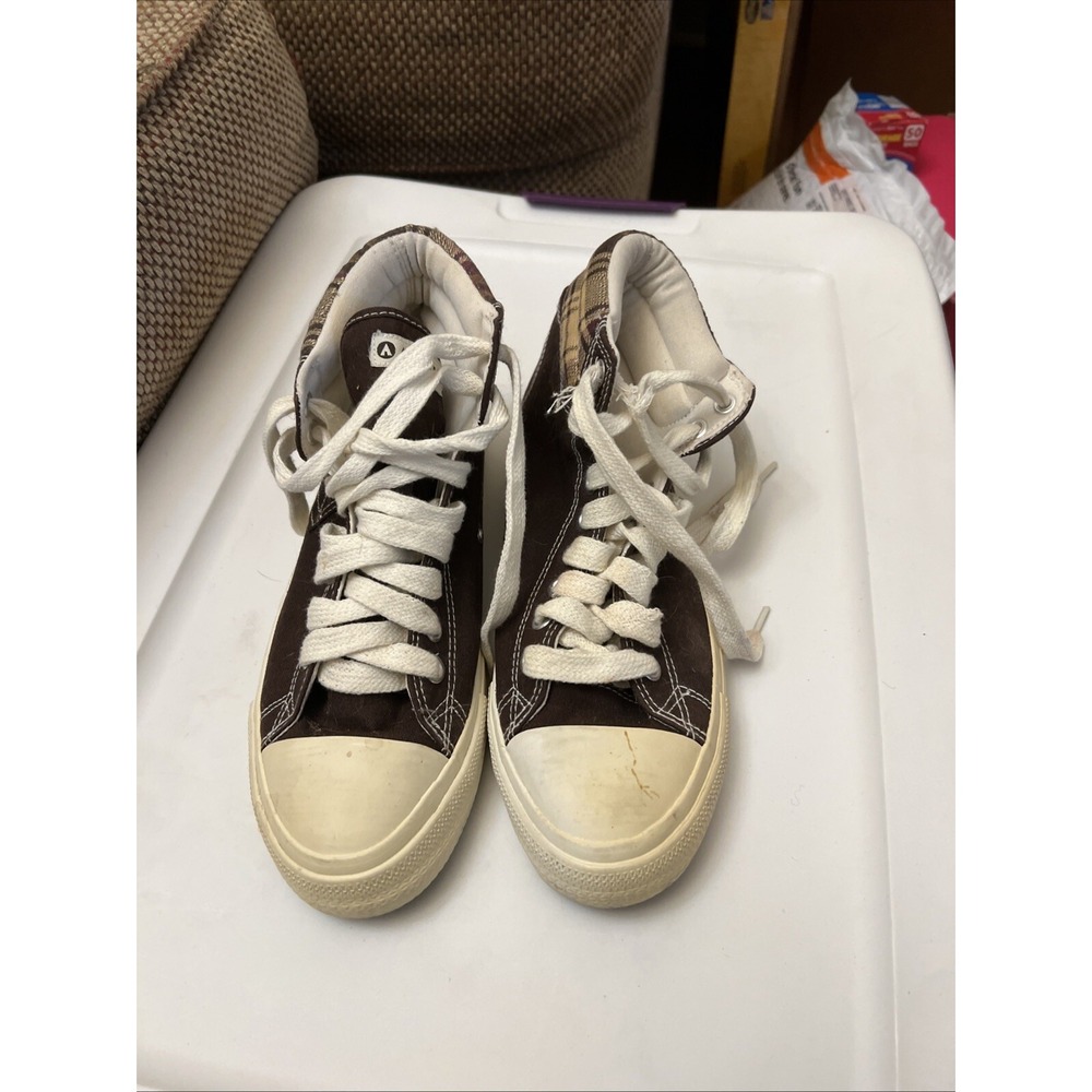 AIRWALK Hi High Top Men's 8.5 M Brown/Plaid Design Canvas Shoes Lace-Up A